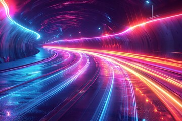 Obraz premium Vibrant neon light trails in a futuristic tunnel, creating a dynamic and energetic urban scene with colorful streaks of light.