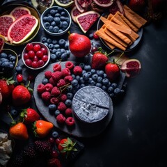 various fruits and berries on a black background