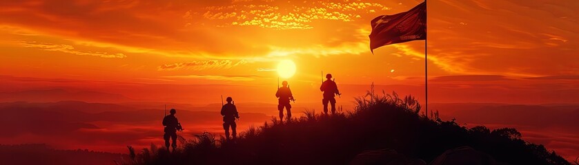 Silhouetted soldiers at sunrise raising a flag on a hilltop with a vibrant, fiery sky, symbolizes bravery, teamwork, and patriotism.