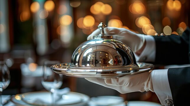 Elegant restaurant service with a silver cloche. A waiter holding a covered dish in a fine dining setting with luxurious ambiance.