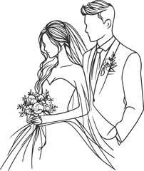 Continuous one line drawing of a wedding couple Vector illustration.