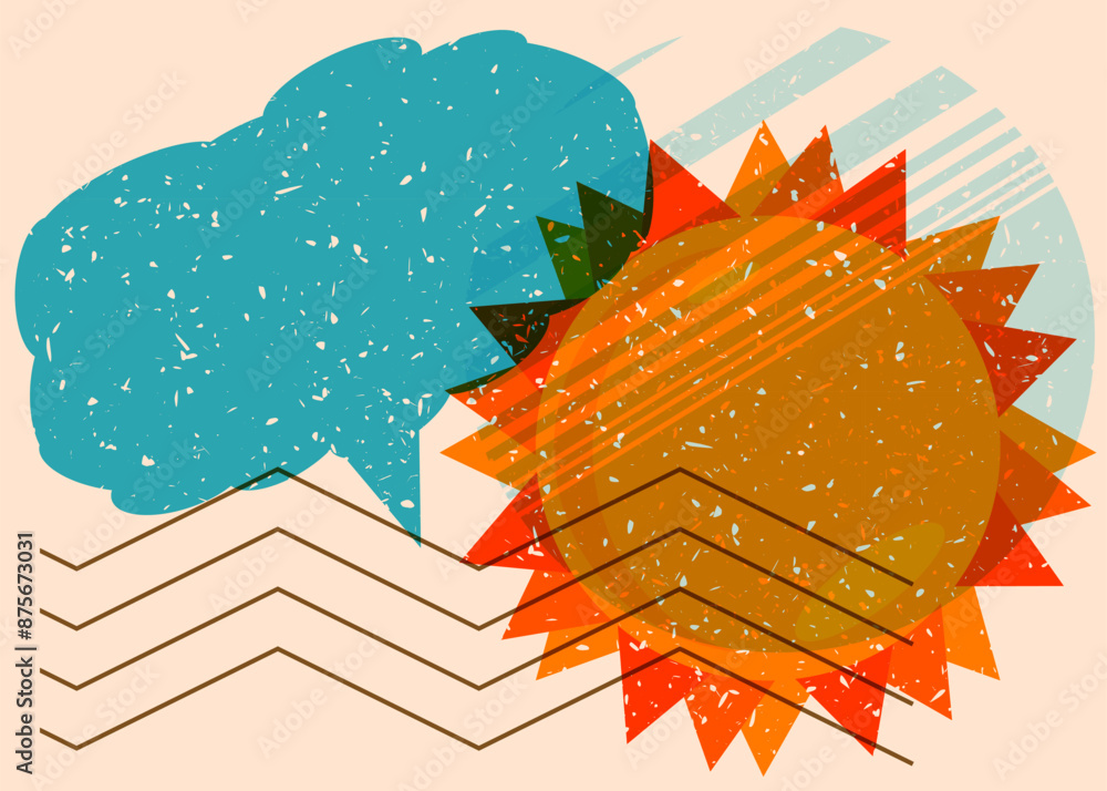 Poster risograph summer sun with speech bubble with geometric shapes. objects in trendy riso graph print te