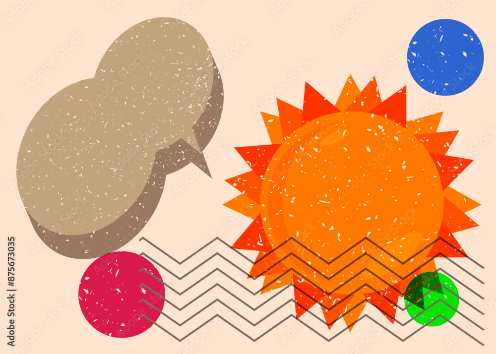 Wall mural risograph summer sun with speech bubble with geometric shapes. objects in trendy riso graph print te