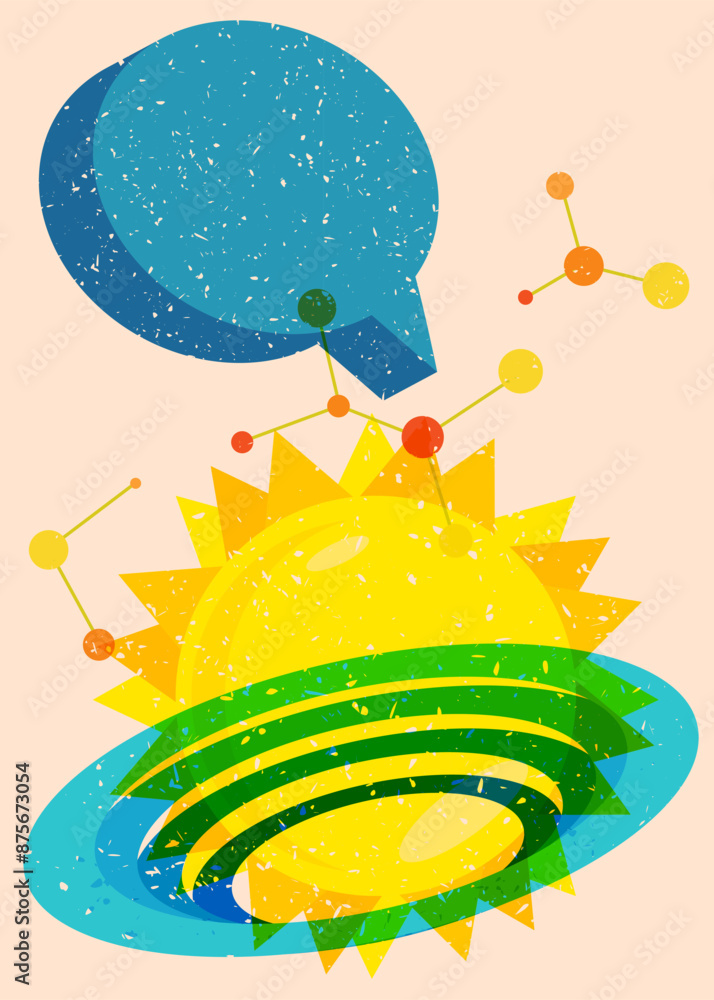 Poster risograph summer sun with speech bubble with geometric shapes. objects in trendy riso graph print te