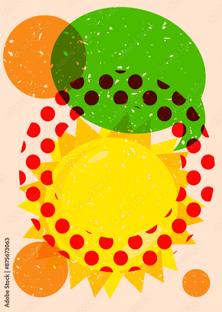 Poster risograph summer sun with speech bubble with geometric shapes. objects in trendy riso graph print te