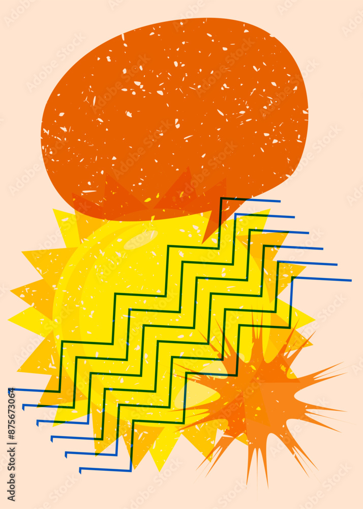 Poster risograph summer sun with speech bubble with geometric shapes. objects in trendy riso graph print te