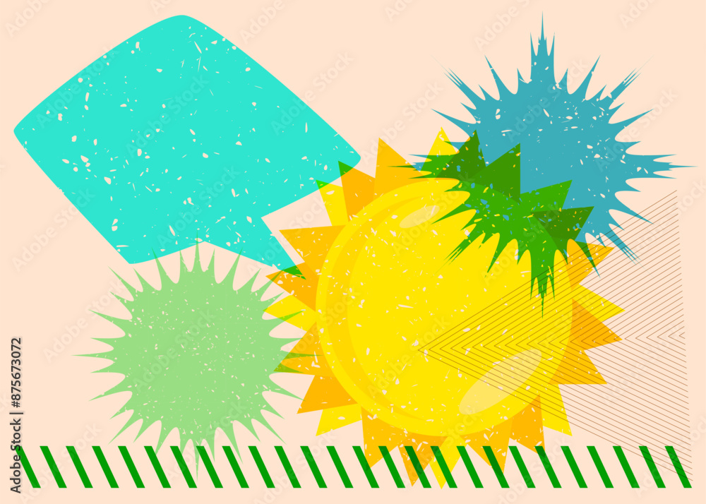 Poster risograph summer sun with speech bubble with geometric shapes. objects in trendy riso graph print te