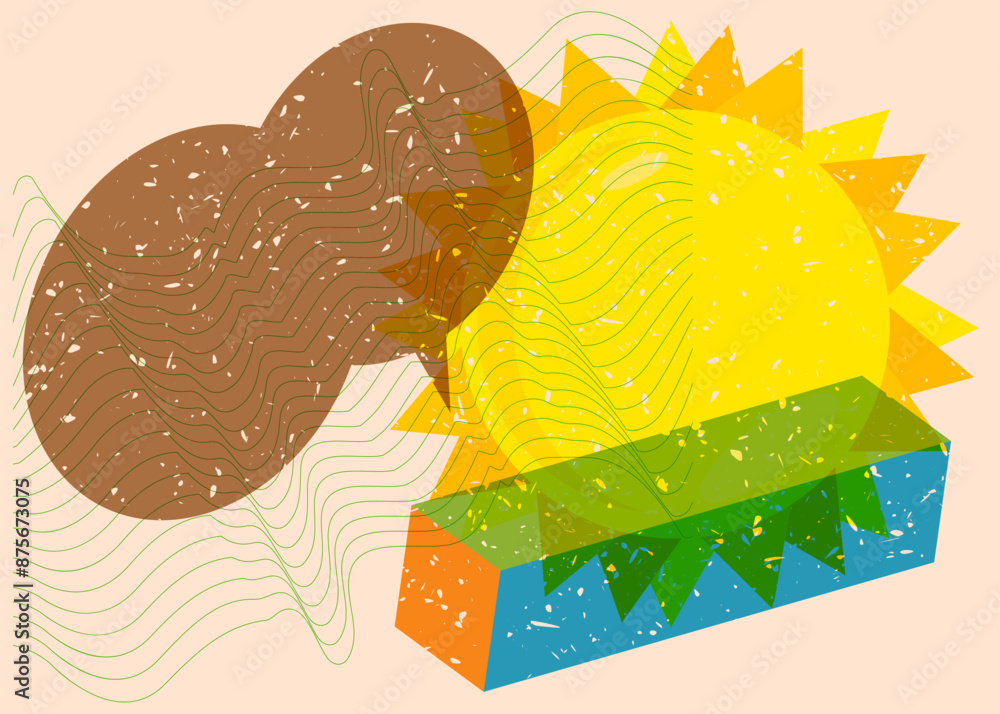 Poster risograph summer sun with speech bubble with geometric shapes. objects in trendy riso graph print te