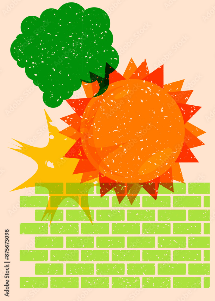 Aufkleber risograph summer sun with speech bubble with geometric shapes. objects in trendy riso graph print te