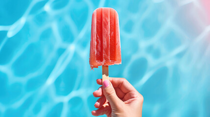 Hand holding refreshing watermelon popsicle on hot summer day - Powered by Adobe