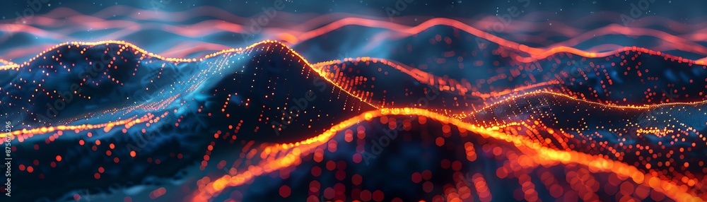 Poster abstract digital landscape with glowing red and blue lines representing data waves, creating a futur