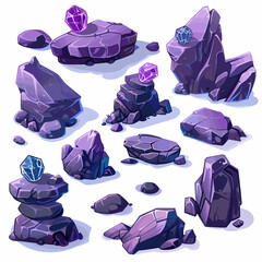 Purple Rock and Gem Set. Cartoon Game Assets