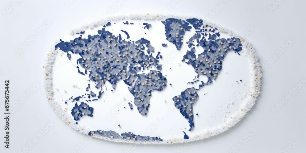 Poster image of stylized world map in blue with a 3d effect on a white background. concept of global connec