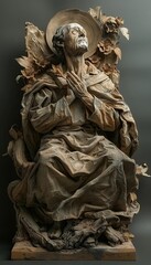 Fototapeta premium Detailed sculpture showing a serene, seated figure with a halo, surrounded by intricate foliage, conveying a sense of spirituality and reflection.