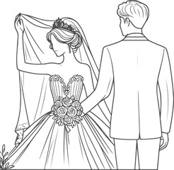 Continuous one line drawing of a wedding couple Vector illustration.