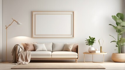 Mockup poster blank frame design, minimalist  wall art mockup with drawer interior design, off-white color theme home decor poster mockup interior design 