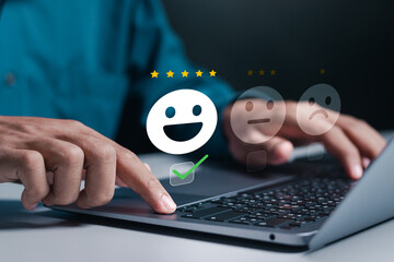 Businessman give excellent five-star ratings on online website. Service experience rating,...