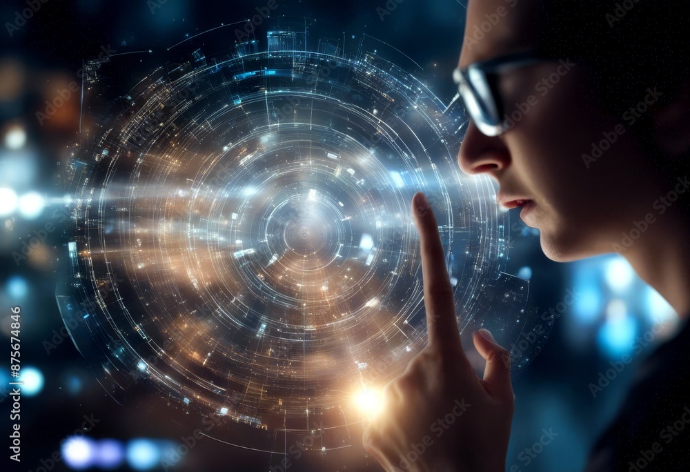 Poster a digital interacting holographic person analytics data full interface complex interaction technolog