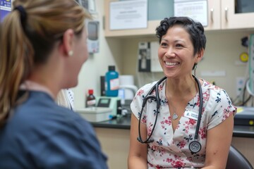 Obraz premium Smiling Doctor in a Floral Blouse and Stethoscope