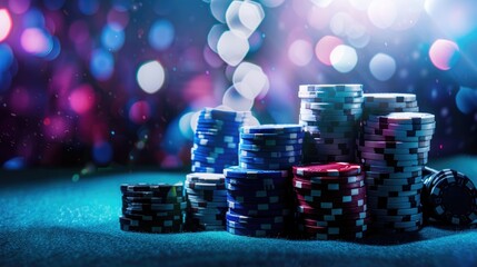 Poker chips stacked with a shimmering casino backdrop