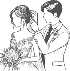 Continuous one line drawing of a wedding couple Vector illustration.