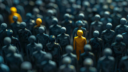 Fototapeta premium Person standing out in crowd of dark blue and yellow figures