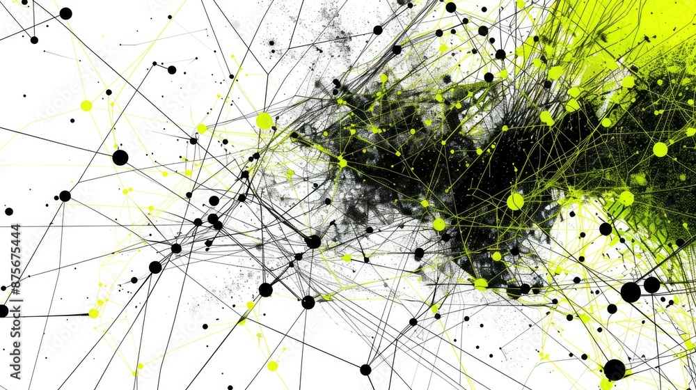 Poster an abstract digital network is depicted with green and black splashes, dots, and lines that create a
