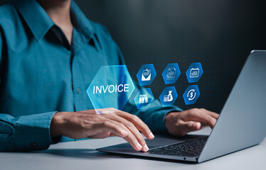Invoice and online digital statements concept. Businessman using laptop to manage documents for...