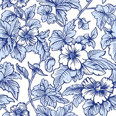 Complex Floral Grid with Detailed Blue, Green, and Pink Flowers