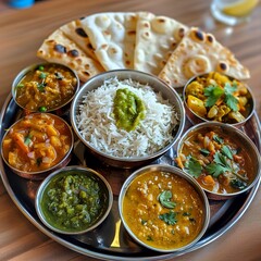 Traditional Indian Thali A well-arranged thali with an assortment of vegetarian dishes including dal, sabzi, chapati, rice, pickle, and papad.