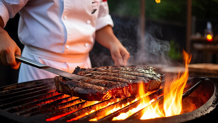 Fototapeta premium Close up of a chef grilling a steak on a hot barbecue.