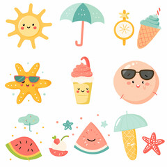 Summer Icons Set. Sun, Umbrella, Ice Cream, Watermelon, Sunglasses