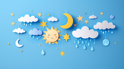 Cute 3D paper cut weather elements for kids on blue