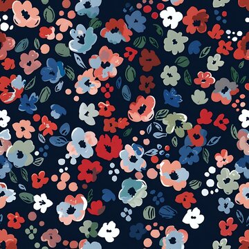 Realistic Blue, Green, and Pink Flowers on Floral Grid Pattern