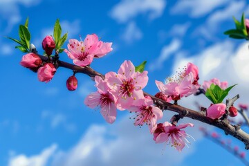 Obraz premium Peach Blossoms in Full Bloom Against a Blue Sky