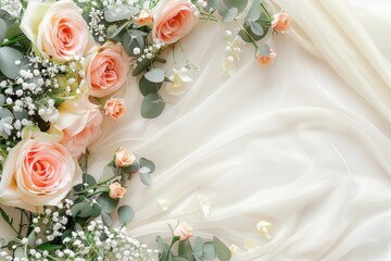 Delicate Peach Roses on a Flowing White Fabric
