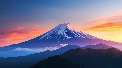 Obraz premium A beautiful sunset illuminates Mount Fuji, celebrating Mountain Day (Japan) with a stunning display of colors and majestic scenery.