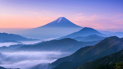 A serene view of Mount Fuji at dawn, with layers of mountains and clouds below, celebrating Mountain Day (Japan).
