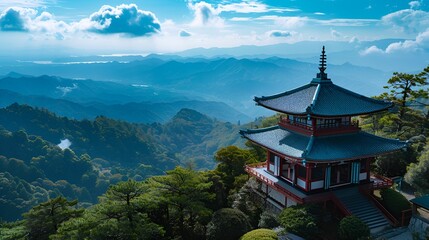 Fototapeta premium A traditional Japanese pagoda overlooks lush green mountains and valleys under a clear blue sky.