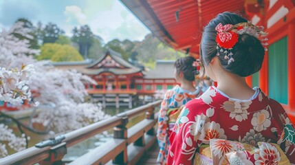Obraz premium Women in colorful kimonos (Japan) walk through a traditional setting adorned with cherry blossoms.