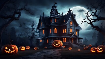 Halloween background with pumpkins and haunted house - 3D render. Halloween background with Evil Pumpkin. Spooky scary dark Night forrest. Holiday event halloween banner background
