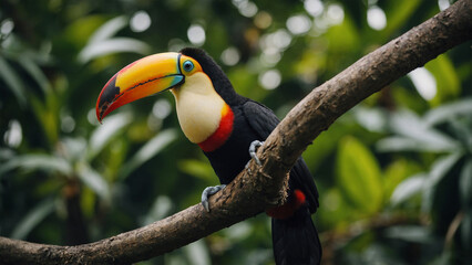 Fototapeta premium Selective focus shot of a toucan standing on a tree branch