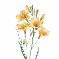 Obraz premium A gentle watercolor yellow freesia with slender stems isolated on white
