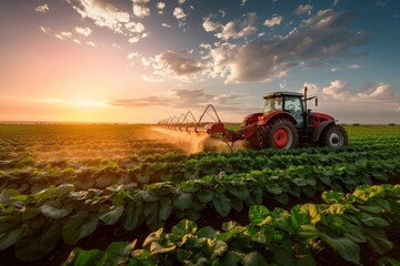 Obraz premium Red Tractor Spraying Crops at Sunset