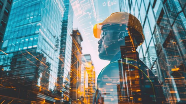 Architectural engineer overlaid with city skyscrapers, construction concept