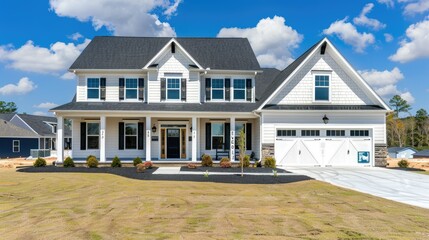 Beautiful house with white siding and black roof and blue sky