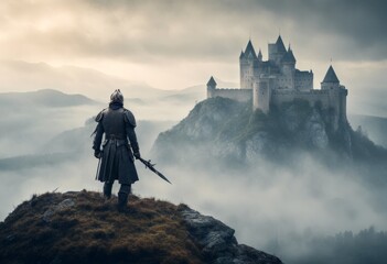 landscape tory warrior stands knight castle front mountain fantasy background 