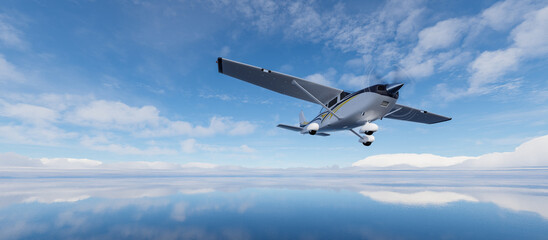 Single Engine Airplane flying over dramatic landscape at sunny day.