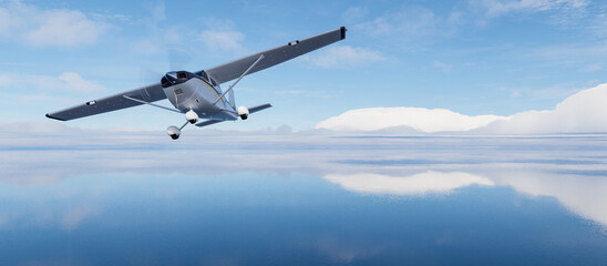 Single Engine Airplane flying over dramatic landscape at sunny day.