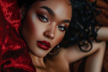 Fototapeta premium Close-Up Portrait of a Woman with Red Lipstick